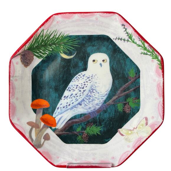 Floral OWL Octagonal Salad Dessert Plates 8in Set of 5 Colorful Ceramic NEW